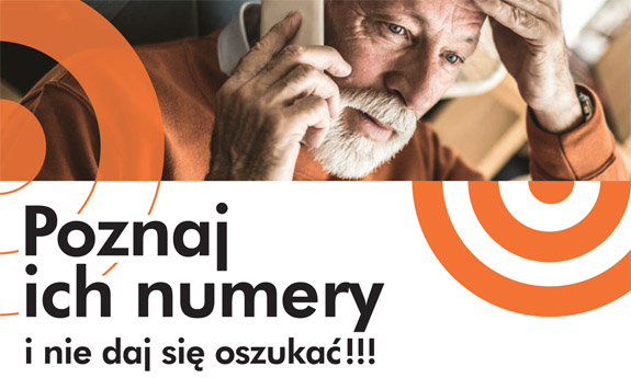 plakat kampanii #znamtenumery. widoczny mężczyzna rozmawiający przez telefon.  Pod obrazem mężczyzny widoczny napis Poznaj ich numery i nie daj się oszukać.