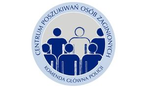 okrągłe logo z zarysem postaci. Po zewnętrznej części  napis Centrum Poszukiwań Osób Zaginionych i Komenda Główna Policji