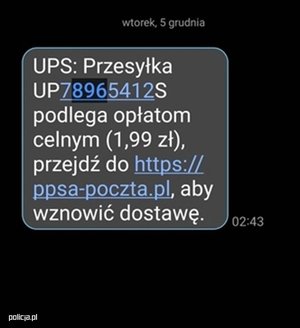 na zdjęciu tekst wiadomości dotyczącej przesyłki z podanym linkiem