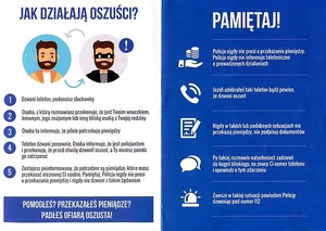 Ulotka opisująca w kil jak działają oszuści , oraz o czym należy pamiętać by się nie dać oszukać.