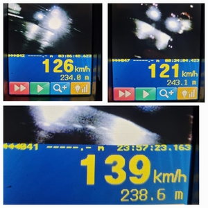 zdjęcie podzielone na trzy części, przedstawia zdjęcia z pomiaru prędkości. Kolejno po lewej stronie  pomiar 126 km/h, po prawej stronie 121 km/h, a na dole 139 km/h