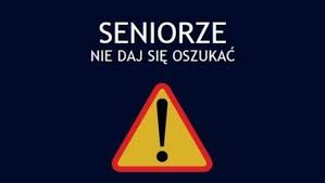 na czarnym tle znak ostrzegawczy pomarańczowy trójkąt z wykrzyknikiem i napis Seniorze nie daj się oszukać