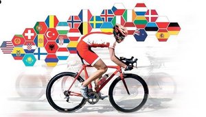 kolarz na rowerze na tle flag narodowych różnych państw