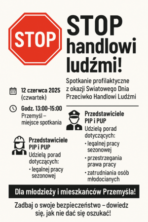 plakat zawierający informacje dotyczące spotkania pn. &quot; Stop handlowi ludźmi&quot;