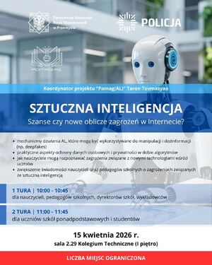 plakat promujący szkolenie „Sztuczna inteligencja: szanse czy nowe oblicze zagrożeń w Internecie?”